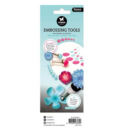 Verpakking Studio Light Embossing Tools voor dotting en stippen zetten, met bolvormige uiteinden in verschillende maten voor decoratieve patronen en creatieve details.